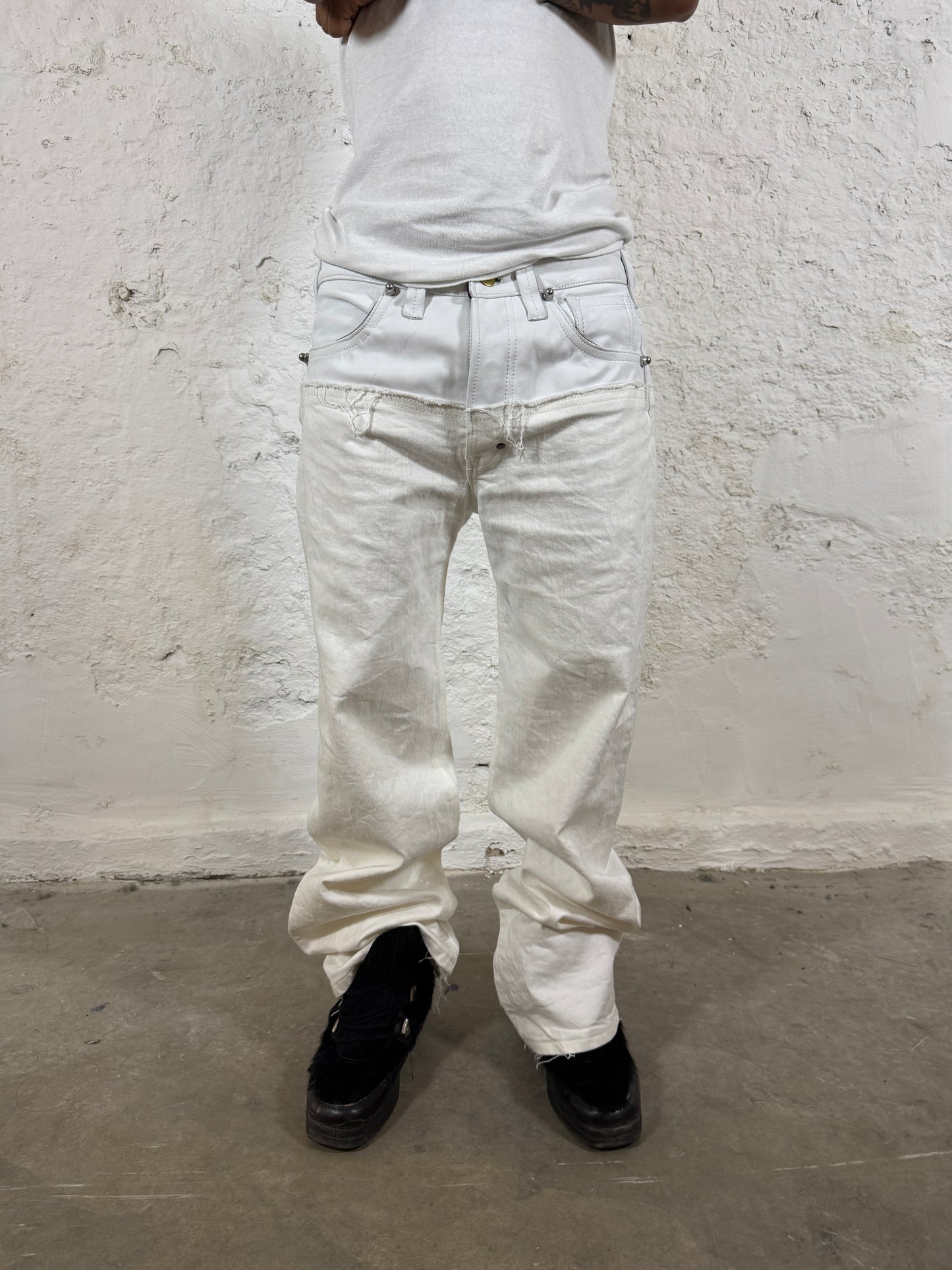 Leather dipped selvedge denim white