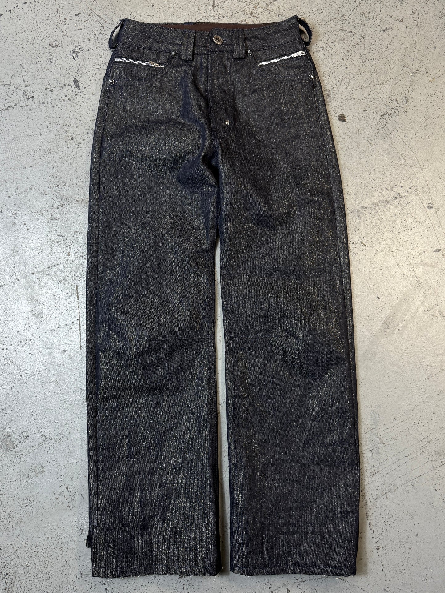 Deviant cut gold twill denim