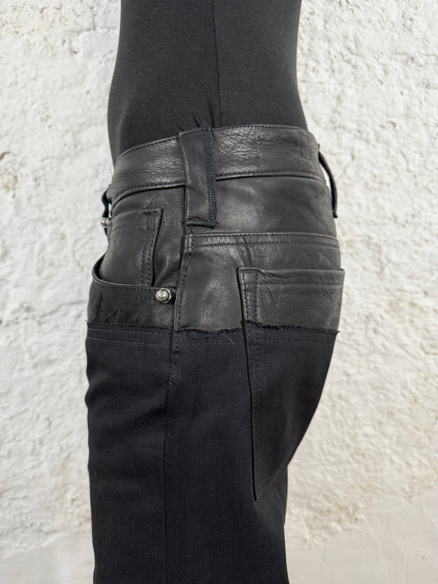 Leather dipped selvedge denim low-waist black