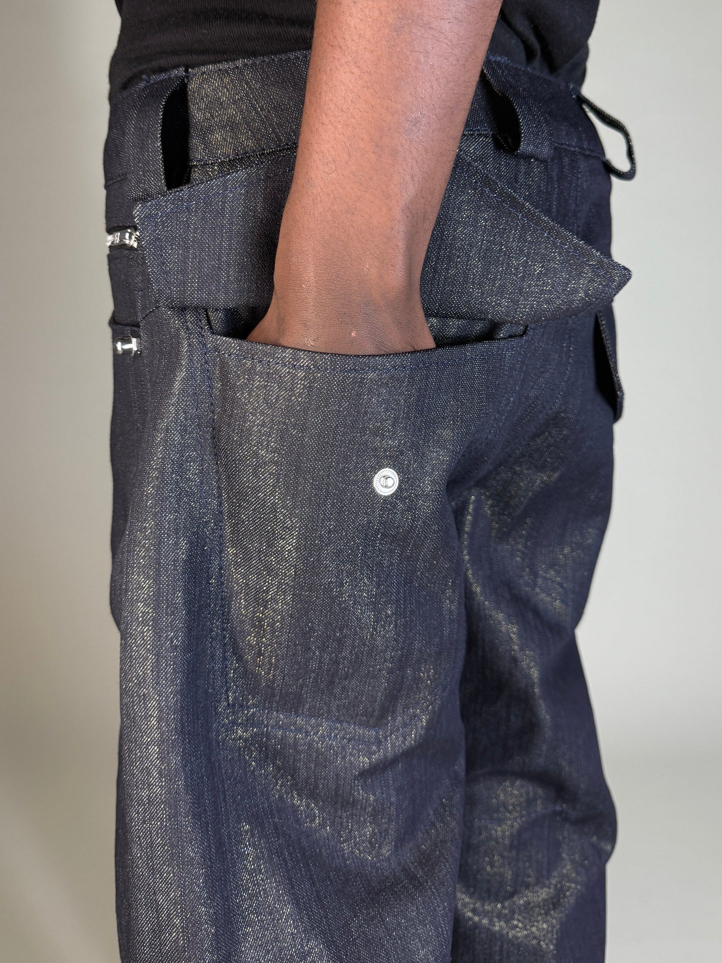 Deviant cut gold twill denim