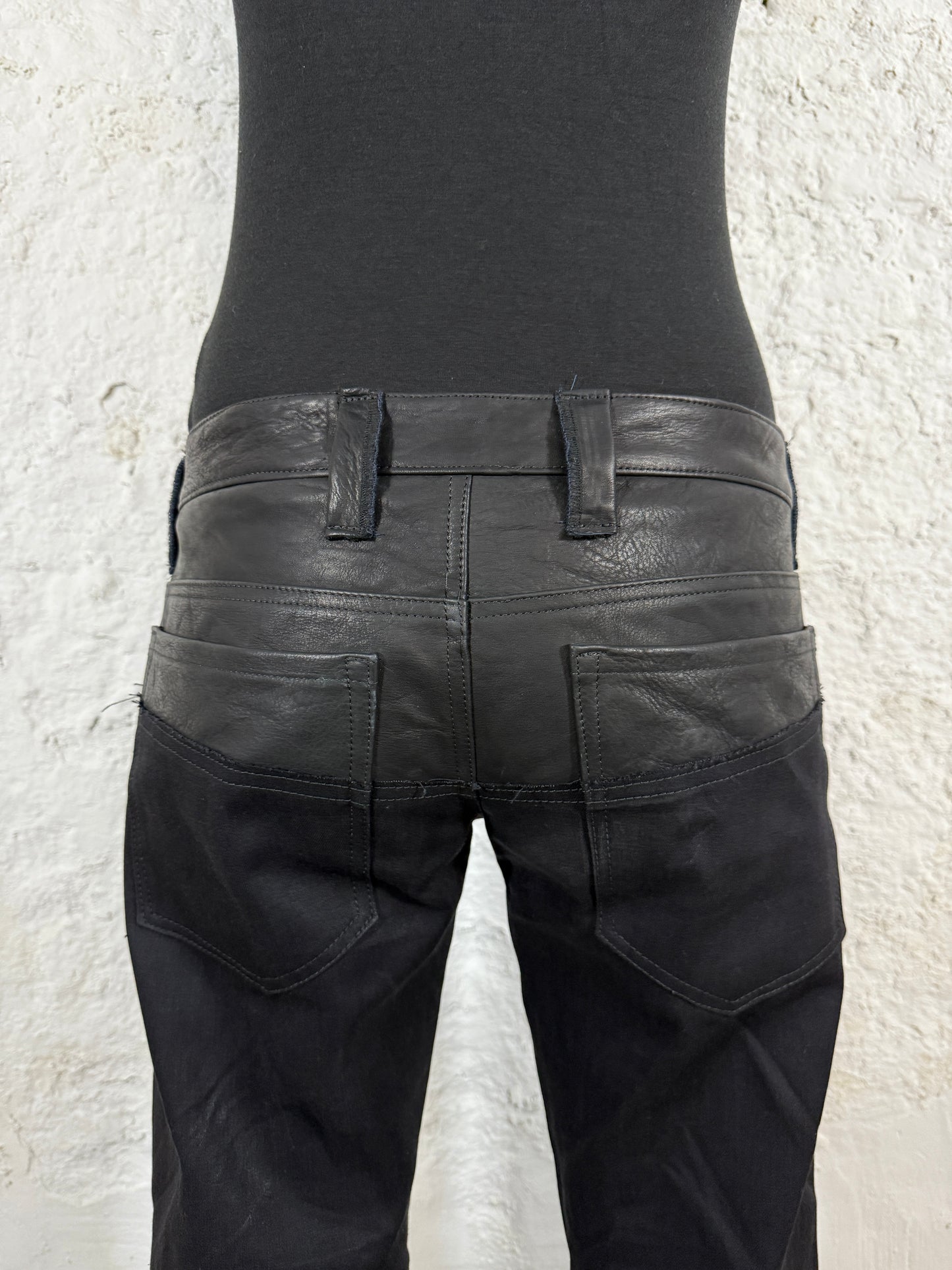 Leather dipped selvedge denim low-waist black