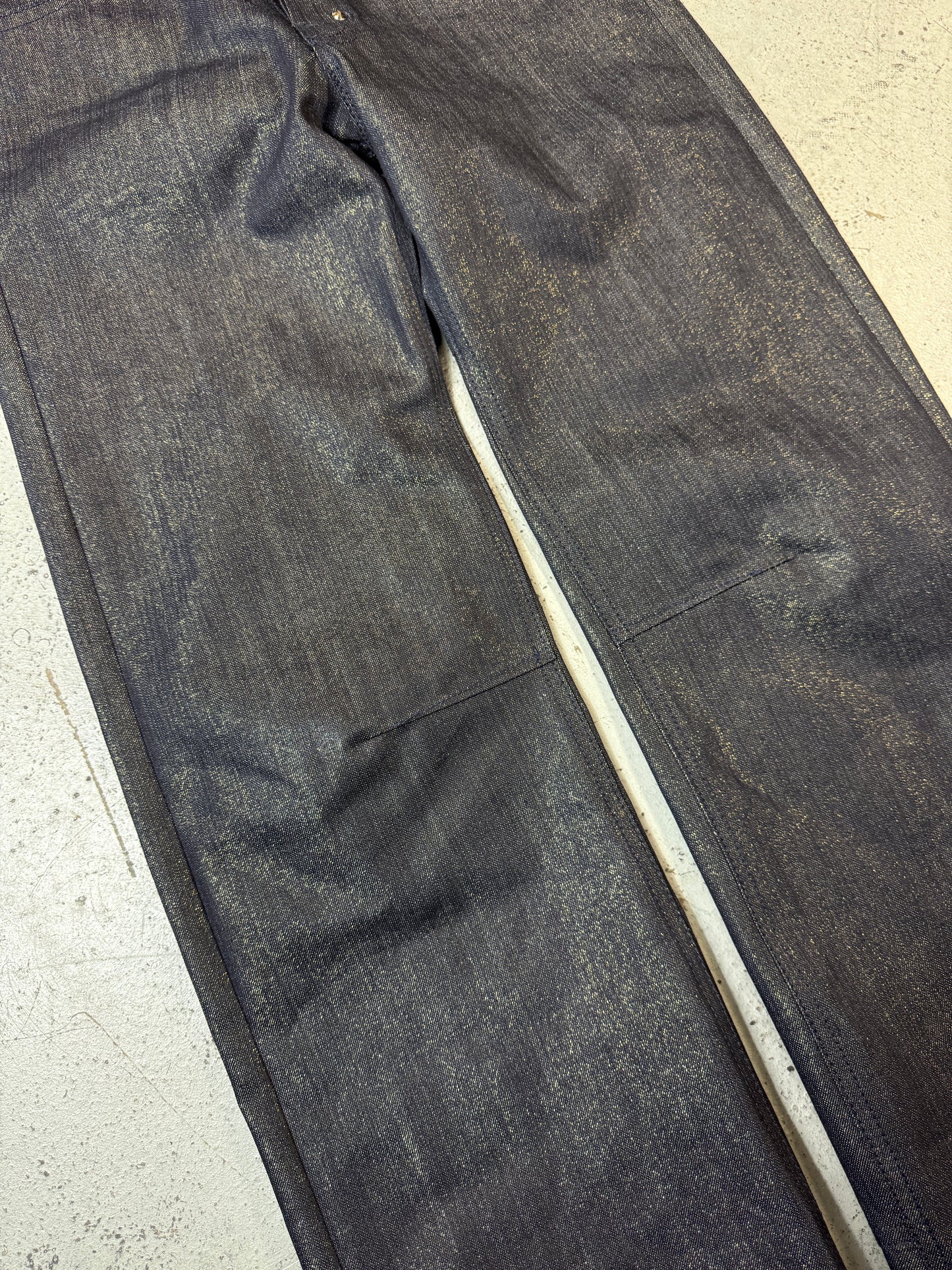 Deviant cut gold twill denim