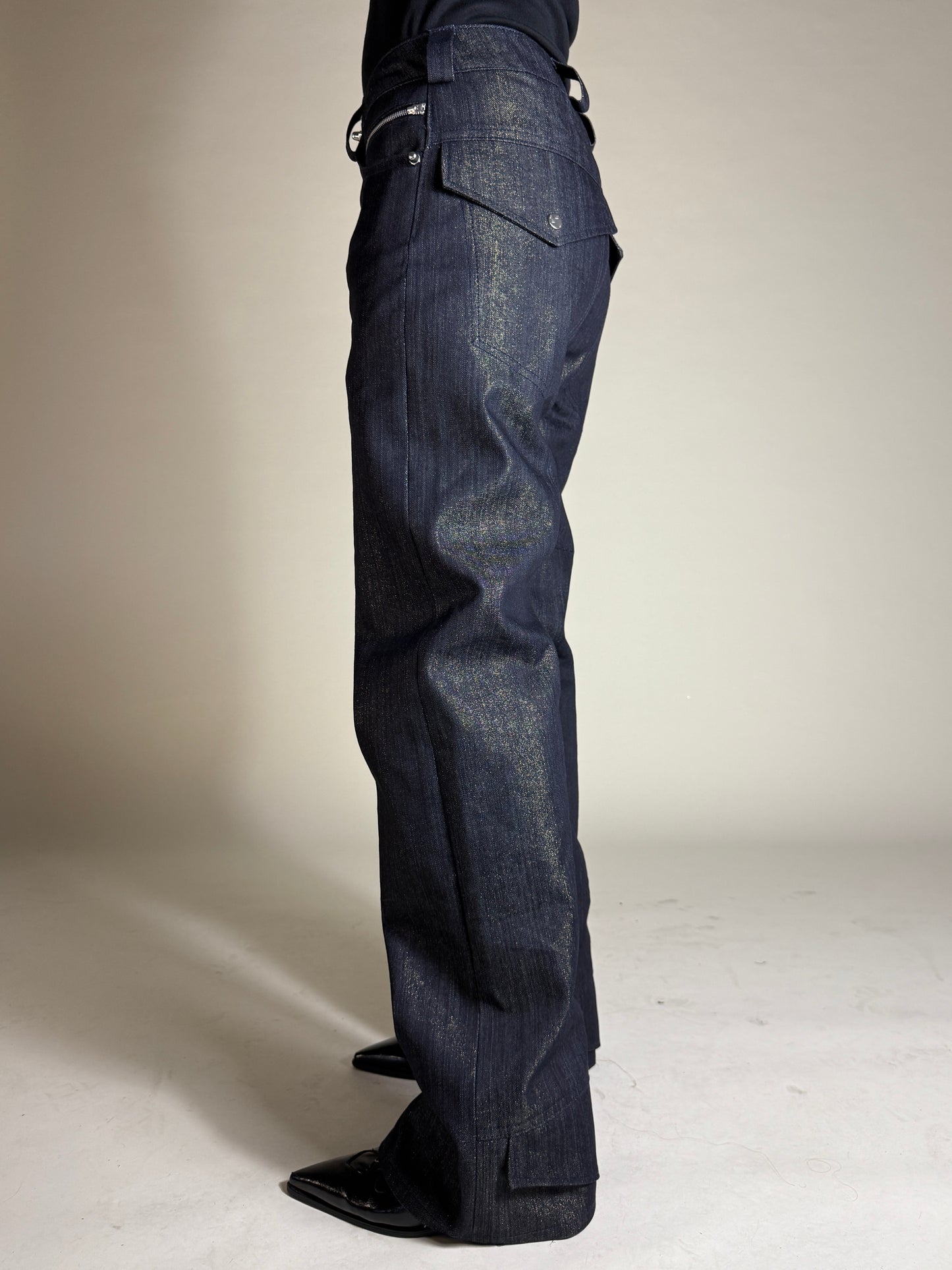 Deviant cut gold twill denim