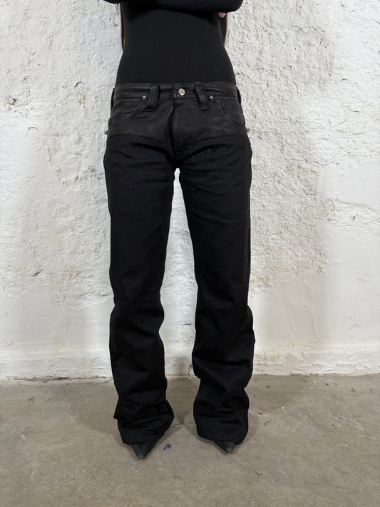 Leather dipped selvedge denim low-waist black