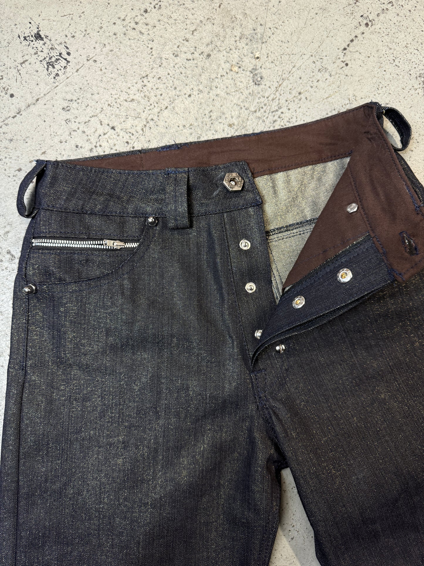 Deviant cut gold twill denim